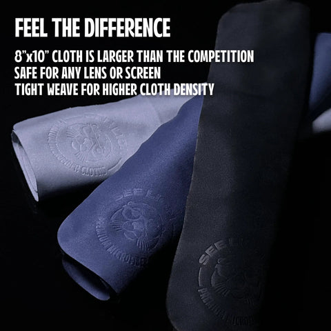 Microfiber lens cleaning cloths, 6-pack in light blue and navy with embossed logo, reusable for glasses and screens.