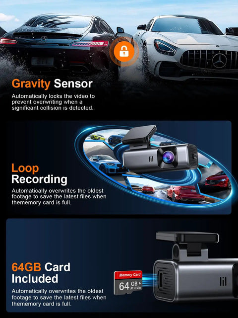 4K Front Dash Cam With 5G WiFi And 64GB Card Included featuring gravity sensor and loop recording capabilities.