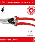 F2 Pruning Shears 9 Inch Swiss Made Garden Clippers With Precision Bypass Blade shown in red, right-handed large size.