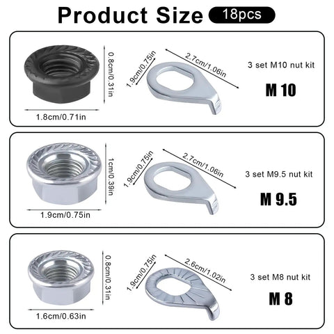 Carbon Steel Bike Wheel Flanged Axle Nut Kit With M8 M9.5 M10 Thread Sizes For Front And Rear Wheels 12 Piece Set With Washers