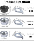 Diagram showing sizes of 18Pcs Bike Axle Nuts and Safety Washers Kit M8, M9.5, M10 for city road MTB wheels, black and silver flanged nut set.