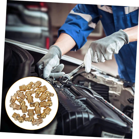 Mechanic using 60-Piece Grease Zerk Fitting Kit With Copper Threaded Nipples 1/4-28 SAE LT Straight And Angled Heads