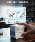 Compact Digital Radon Detector For Homes With Real Time Visual And Audio Alerts Simple Counter Setup Keeps Indoor Air Quality Legit and Straight Up Saves You Serious Scratch On Expensive Professional Lab Fees on a wooden desk with data readings displayed.