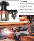 Beefy Magnetic Welding Ground Clamp 200A With Switchable On Off Control next to welding action on metal beam