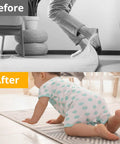 Before and after image showing non-slip effect of 12 Pack Rug Tape For Hardwood Floors Keeps Rugs In Place With No Slip Hang Tight Double Sided Adhesive Carpet Tape Reusable Anti Slip Rug Grips For Area Rugs On Wood Floors as a child safely plays on the secured rug.