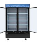 Two Door Merchandiser Freezer With Forty Five Cubic Feet Of Cold Storage And Straight Up Heavy Duty Powder Coated Steel Construction Featuring Smooth Rolling Casters For Easy Maneuvering In Any Store Layout Today, doors open, storage shelves visible.