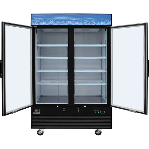 Two Door Merchandiser Freezer With Forty Five Cubic Feet Of Cold Storage And Straight Up Heavy Duty Powder Coated Steel Construction Featuring Smooth Rolling Casters For Easy Maneuvering In Any Store Layout Today, doors open, storage shelves visible.