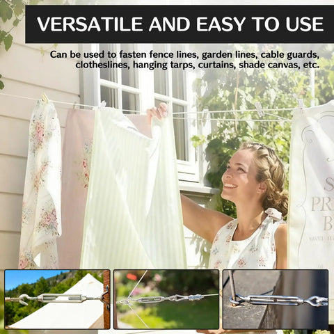 Person hanging laundry using Beefy Stainless Steel Turnbuckle Tensioner Set For Cable Tent Sun Shade And Garden Decor Heavy Duty Hook