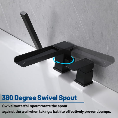 Waterfall Roman Tub Faucet Deck Mount With Hand Shower Three Hole Widespread Matte Black Bathroom Fixture Featuring Waterfall Tub Spout