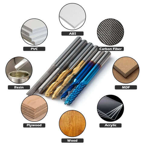 Genmitsu 50pc tungsten carbide end mill set with 1/8'' shanks; blue-coated CNC router bits
