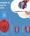 Foldable kids noise canceling headphones with hearing protection, red Monster Jam truck style, for ages 3 to 15, shown in various positions.