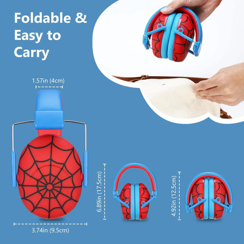 Foldable kids noise canceling headphones with hearing protection, red Monster Jam truck style, for ages 3 to 15, shown in various positions.