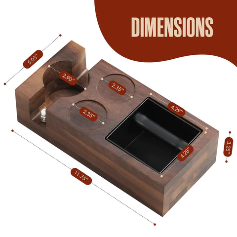 Dimensions of Home Barista Espresso Accessories Set with Knock Box and Tamping Station, wood finish, multiple compartments