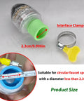Snag This Badass Three Pack Faucet Water Filter Six Layer Activated Carbon Cartridge Strips close up of interface clamps and size measurements.