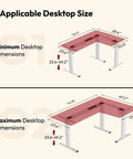 Applicable desktop size dimensions for Rock Solid White L Shaped Electric Standing Desk with triple motor height adjustment.