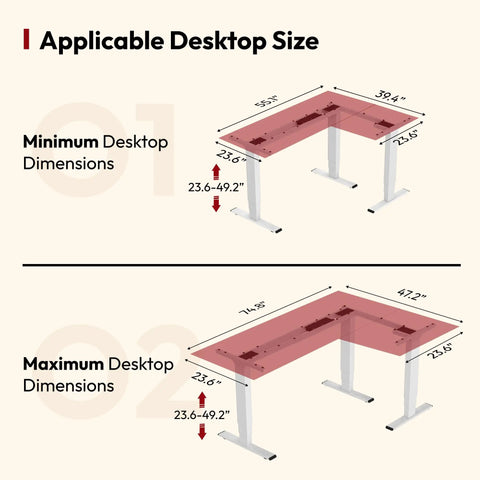 Applicable desktop size dimensions for Rock Solid White L Shaped Electric Standing Desk with triple motor height adjustment.