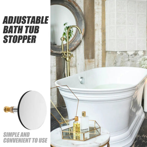 Adjustable Bathtub Drain Plug Silver Copper with Rotary Mechanism shown with modern bathtub, highlighting sleek design and convenience.