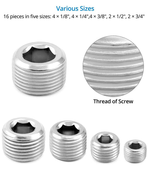 304 Stainless Steel Pipe Fitting Kit With Hex Countersunk Plugs NPT Male Threads 16 Piece Pro Grade Rugged Assortment