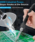200W Laser Fume Extractor With LED Remote Filter Alert capturing fumes from soldering on a green circuit board