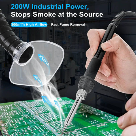 200W Laser Fume Extractor With LED Remote Filter Alert capturing fumes from soldering on a green circuit board