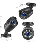 Four Pack 1080P HD TVI Wired Security Cameras Featuring Spot On Clarity And Rugged Weatherproof Bullets Quick No Sweat Installation To Watch Over Your Property Indoors Or Outdoors For Top Shelf Coverage. Three angles of black bullet cameras with dimensions.