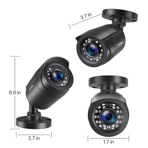 Four Pack 1080P HD TVI Wired Security Cameras Featuring Spot On Clarity And Rugged Weatherproof Bullets Quick No Sweat Installation To Watch Over Your Property Indoors Or Outdoors For Top Shelf Coverage. Three angles of black bullet cameras with dimensions.