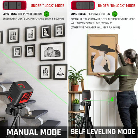 Pro Grade Self Leveling Laser Level With Green Cross Line, 100 Ft Range, shown in manual mode and self-leveling mode indoors
