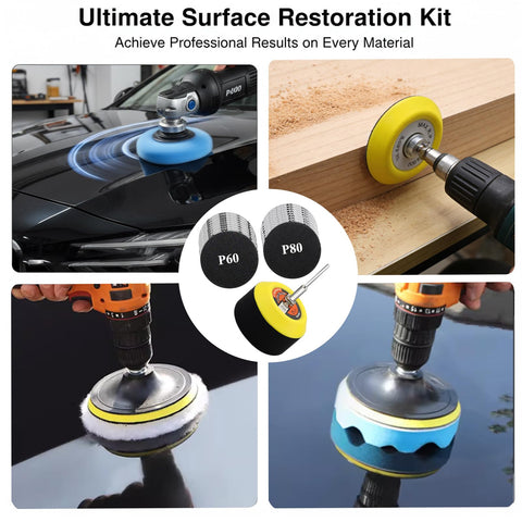 All In One 160 Pieces 3 Inch Sanding Discs Polishing Kit in use on car and wood surfaces