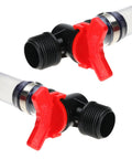 Fuel Filler Kit For Race Jugs With Ball Valve Hose Fifteen Inch Connector close-up, black fittings with red valves visible.