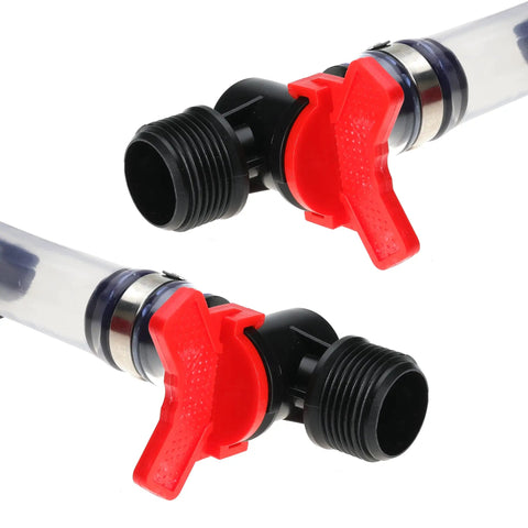 Fuel Filler Kit For Race Jugs With Ball Valve Hose Fifteen Inch Connector close-up, black fittings with red valves visible.