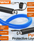 Blue 50ft heated RV water hose with black connector housing and coiled power cord; PBPHX logo visible.
