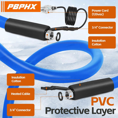Blue 50ft heated RV water hose with black connector housing and coiled power cord; PBPHX logo visible.