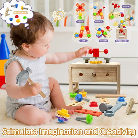 Need To Have 29 Piece Wooden Tool Set With Sturdy Box For Little Pros featuring a child using tools on a playwork table.