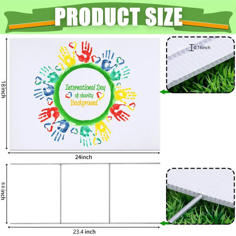 10 Pack 18x24 Heavy Duty Corrugated Plastic Yard Signs With Sturdy H Stakes shown with colorful handprint design and stakes details