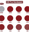 Heavy Duty 240 Plus 8 Pcs Sanding Discs Pad Kit showing various grits from 60 to 3000 labeled in rows, used in 2-inch die grinder.