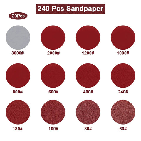 Heavy Duty 240 Plus 8 Pcs Sanding Discs Pad Kit showing various grits from 60 to 3000 labeled in rows, used in 2-inch die grinder.