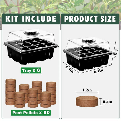 Six Pack Seed Starter Trays With 90 Coco Coir Pellets Adjustable Humidity Germination Tray With Dome Lids product dimensions