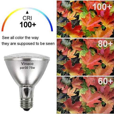PAR30 Flood Light 75W Long Neck Dimmable Bulbs, 1000 Lumens, 3000K Warm White, E26 Base, CRI 100+ comparison with leaves