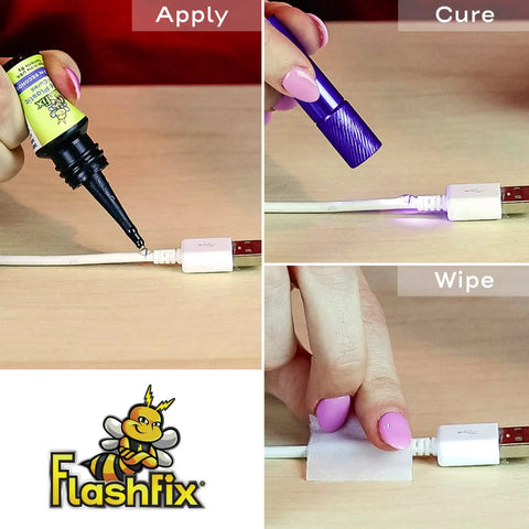 Steps using UV Liquid Plastic Welding Kit For Rapid Bonding With Plastic, Metal, And Ceramic Surfaces, UV light curing pen.