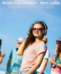 Woman wearing Trucker Bluetooth Headset With AI Noise Cancellation Microphone 65 Hours Talk Time Mute Button on a beach.