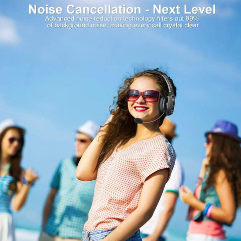 Woman wearing Trucker Bluetooth Headset With AI Noise Cancellation Microphone 65 Hours Talk Time Mute Button on a beach.