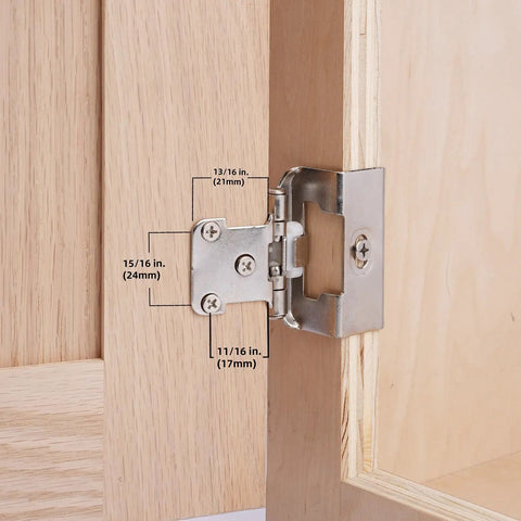 Half Inch Overlay Full Wrap Cabinet Hinges For Kitchen Self Closing Satin Brushed Nickel Finish mounted on wooden cabinet