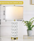 White Ceramic Table Lamp Set Of 2 With Linen Fabric Shades, Modern Farmhouse Nightstand Lamps, shown with measurements and decor.