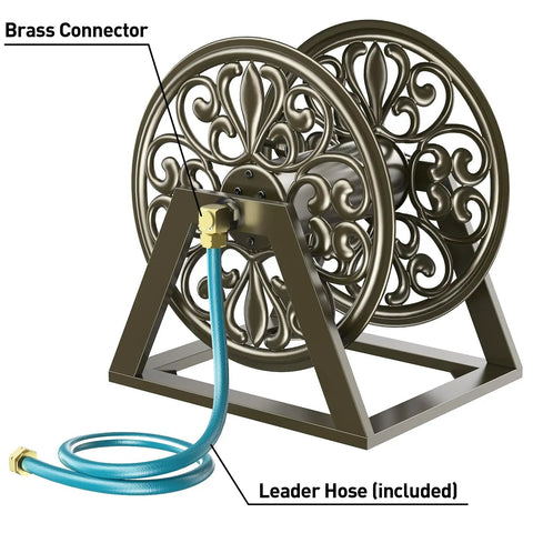 Heavy Duty Garden Hose Reel With Wall And Floor Mount Decorative Hose Holder And Winder For Outdoor Storage Built Tough Steel Construction Holds 200 Feet Of Five Eighths Inch Hose Not Included Keeps Yard Neat And Tidy shown in Love Flower design with brass connector and included leader hose.