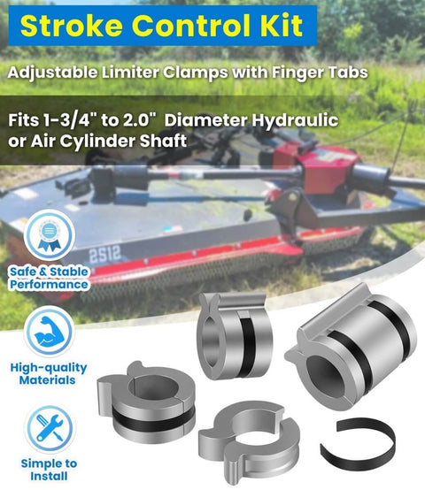 Stroke Control Kit for Hydraulic Cylinders with Adjustable Limiter Clamps, Fits Rods 1.75 to 2 Inches