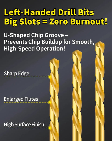 Close-up of left-handed drill bits from 16 Piece Screw Extractor Set With Left Handed Drill Bits For Stripped Damaged Screws and Bolts