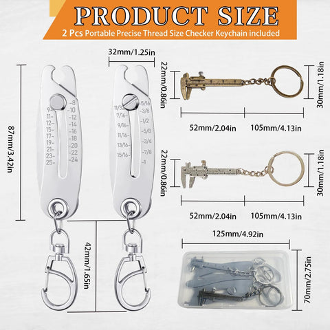 Acouza 2-piece portable thread size checker keychain in silver with vernier calipers and clips