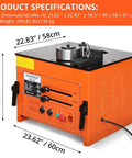 3000 Watt Electric Rebar Bender Machine For 1Point3 Inch Steel Rods With Foot Switch Adjustable 0 To 180 Degree Bending Angles, side view with dimensions displayed, heavy duty orange design.