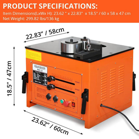 3000 Watt Electric Rebar Bender Machine For 1Point3 Inch Steel Rods With Foot Switch Adjustable 0 To 180 Degree Bending Angles, side view with dimensions displayed, heavy duty orange design.