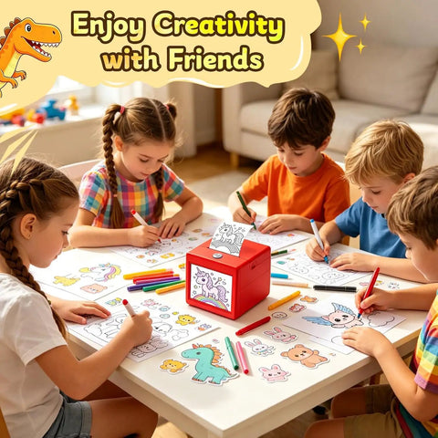 Kids enjoying creativity with Totally Dope AI Voice To Image Sticker Maker And Mini Inkless Thermal Printer Kit for DIY crafts.